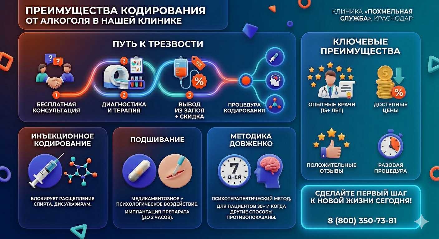 Инфографика о методах кодирования от алкоголя в Купино: инъекции, подшивание, метод Довженко. Преимущества клиники и этапы лечения.